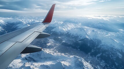 Plane Wing over Snowy Mountain Range Aerial View with Bright Sunny Sky