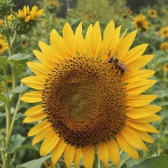 Obraz premium Busy bee collecting pollen from giant sunflower , bright, field, yellow