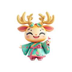 Naklejka premium Adorable 3D Render of a Smiling Deer in Traditional Asian Clothing