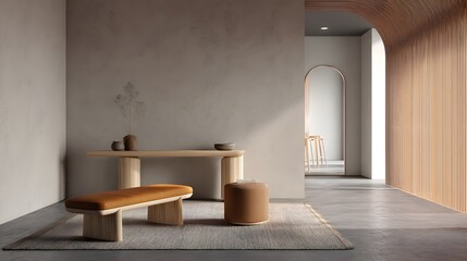 A Serene Interior Design Concept with Minimalist Style Featuring a Beige Bench Decorative Table and Warm Lighting Accentuating Soft Textures