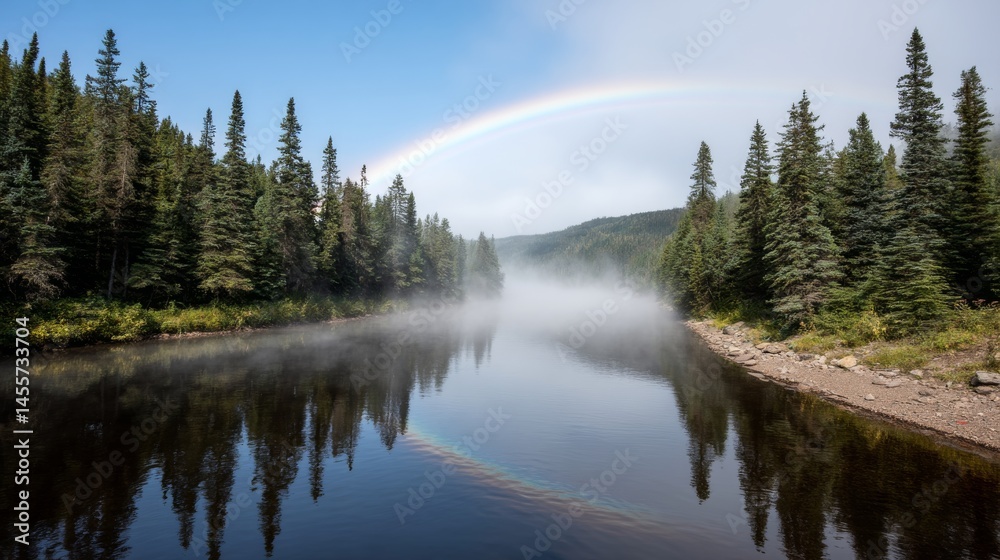 Poster a calm forest river reflects a bright rainbow as mist gently rises from the surface, creating a sere