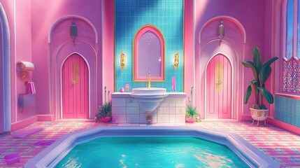 Immersive interior scene with a blend of art deco and moroccan elements featuring a vibrant palette and pool providing a serene ambiance
