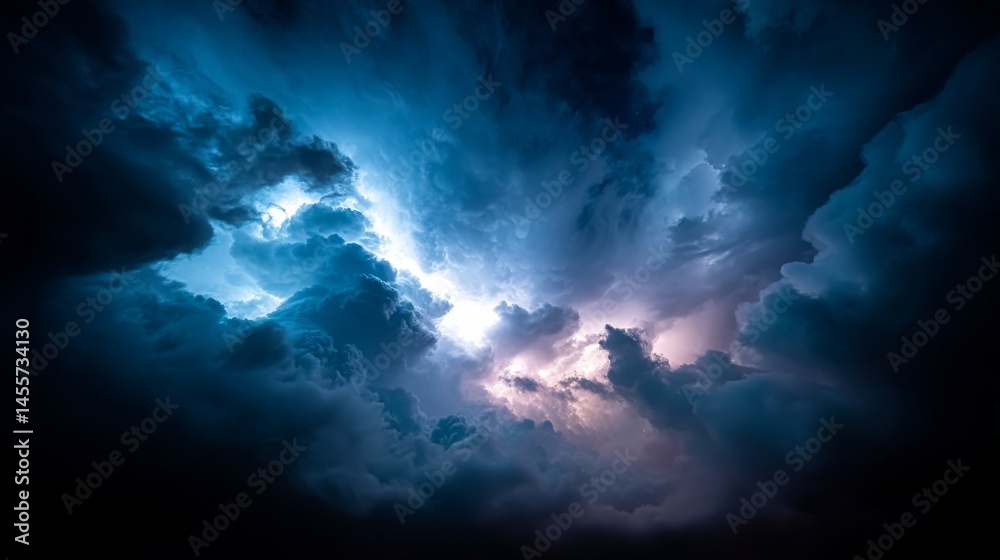 Poster Towering gray storm clouds with jagged edges fill the sky, illuminated by faint flashes of lightning, creating a dramatic and intense weather display