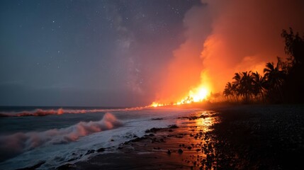 Glowing red lava flows down a rugged coastal shore at night, surrounded by shadowy tropical ferns and under a mesmerizing starry sky, inviting a surreal experience