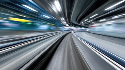 Fast-moving train tunnel, blurred motion,  modern design,  steel tracks,  light streaks.  Inside view, curved pathway,  urban infrastructure