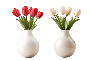  Two white vases with tulips, isolated on a transparent background