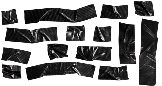 Crumpled Black Duct Tape Strips Set Illustration for Repair and Craft Design
