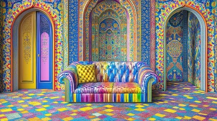 Kaleidoscopic interior space featuring vibrant mosaic walls archways colorful furniture contemporary surreal design eye-catching