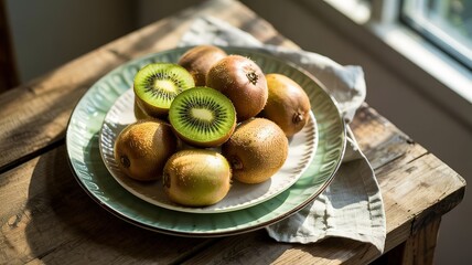 Fresh Kiwi Fruit Still Life with Sliced Halves on Rustic Wooden