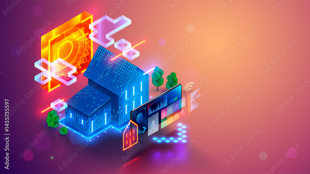 Poster Smart home controlled phone. Internet of things technology of smart home automation system. Small digital 3d house standing next of screen phone with wireless connections with icons home devices. iot.