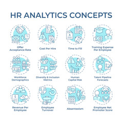 HR analytics soft blue concept icons. Workforces data research. Corporate employees hiring. Business strategy. Icon pack. Vector images. Round shape illustrations for booklet. Abstract idea