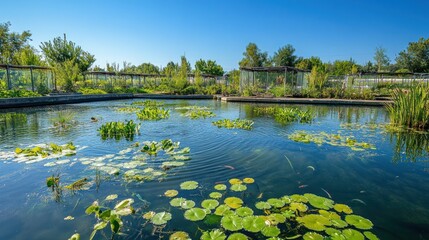 Fototapeta premium Serene waterscape reflecting lush foliage and clear blue sky above a tranquil park