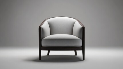 Armchair with dark wood frame and light grey upholstery, ideal for living room or office