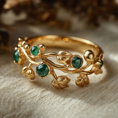 Gold ring with green stones, resting on a bed of colorful autumn leaves, illuminated by soft sunlight filtering through the trees.
