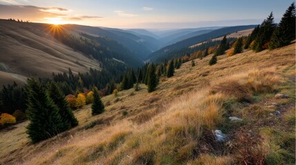 Obraz premium Experience a breathtaking view of layers of trees displaying peak autumn foliage under a warm sunset, highlighting the beauty of a mountainous landscape