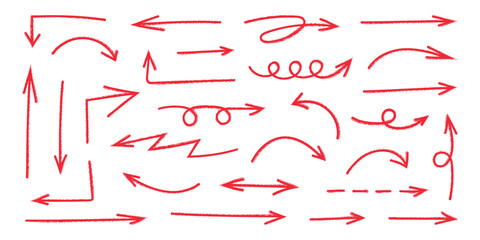 Crayon squiggly red arrow set in flat style. Hand drawn chalk elements. Doodle movement spiral arrows, lines, scribble. Pencil brush for icon, sketch. Children vector illustration on white background.