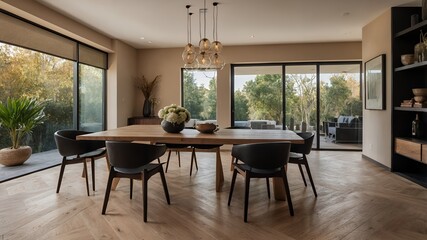 Fototapeta premium Modern Farmhouse Dining Room with Herringbone Wood Floor Glass Doors and Stylish Lighting