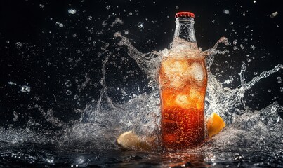 Refreshing Soda Bottle with Splashes and Ice in Dark Background