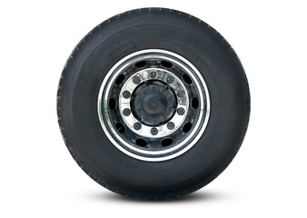 Big Truck Wheels Tire on White Background, Chrome Rims, Alloy Wheels. Big rig, Semi Trailer Truck Wheels. Freight Truck Logistics Transport.