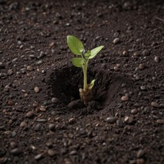 Bean seed sprouting in dark soil, early growth stage, ecology, seedling, stem