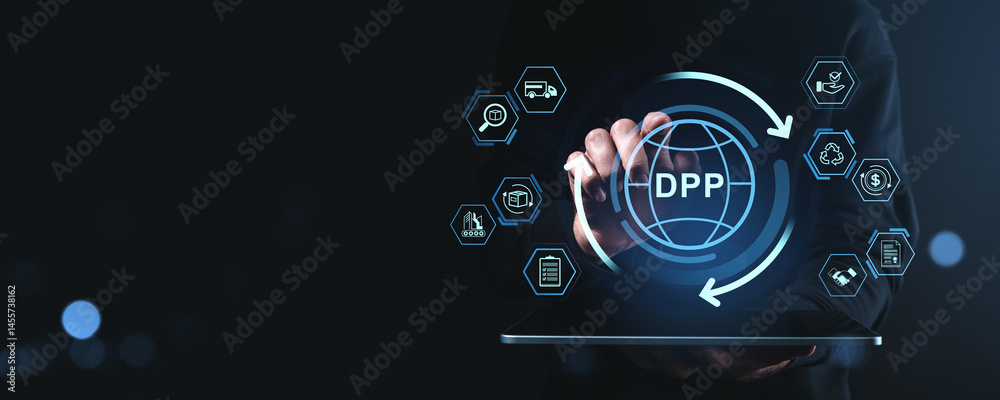 Poster digital product passport interface with icons on dark background concept..