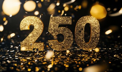 Golden Celebration Number 250 Surrounded by Glitter and Confetti