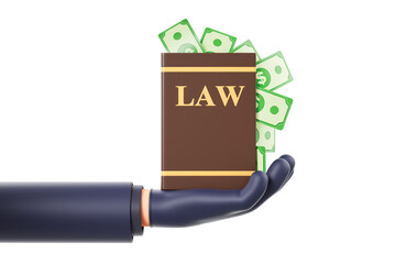 Creative corruption concept showing a law book with cash symbolizing bribe and legal manipulation in a stylized 3D scene on white background. 3D Rendering