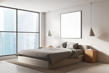 Modern bedroom interior with large blank poster mockup above bed, minimalist design, city view through big windows, cozy and stylish atmosphere. 3D Rendering