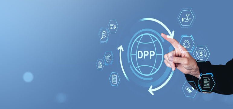 Digital product passport concept with icons and hand interacting on blue background.