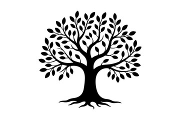 Black silhouette of a tree with detailed roots and foliage