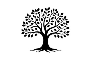 Fototapeta premium Black silhouette of a tree with detailed roots and foliage