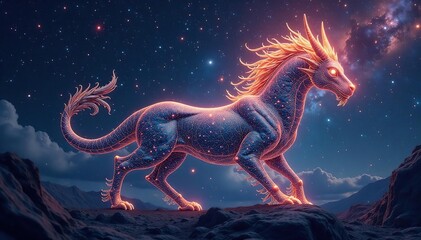 Celestial map, stars forming mythical creature, galaxy, red, background