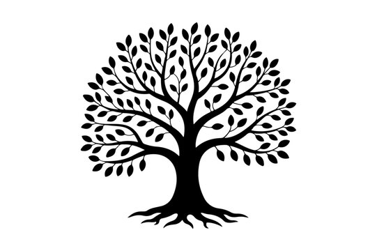 Black silhouette of a tree with detailed roots and foliage