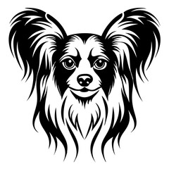 Papillon Dog Face Silhouette Vector for Pet Art,Black vector silhouette of a fluffy Papillon dog face with large ears and detailed fur, perfect for pet, dog lover, and breed-specific stock graphics