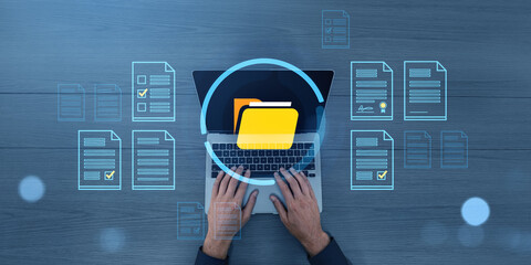 Digital document and folder management system on laptop interface concept.