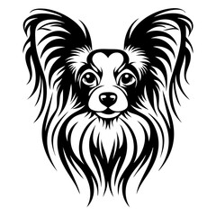 Papillon Dog Face Silhouette Vector for Pet Art,Black vector silhouette of a fluffy Papillon dog face with large ears and detailed fur, perfect for pet, dog lover, and breed-specific stock graphics