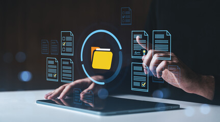 Digital document management system with folder icons on touchscreen interface.