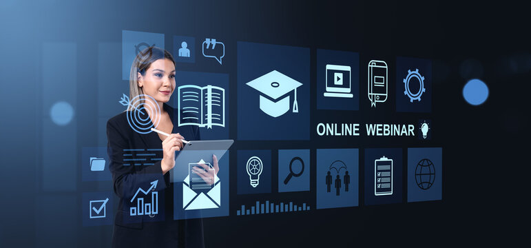 Businesswoman using tablet for online webinar with digital educa