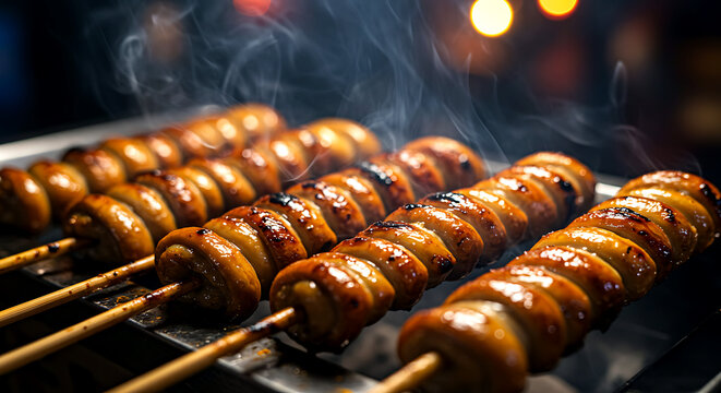 Filipino isaw, grilled chicken intestines on bamboo skewers with charred crispy edges