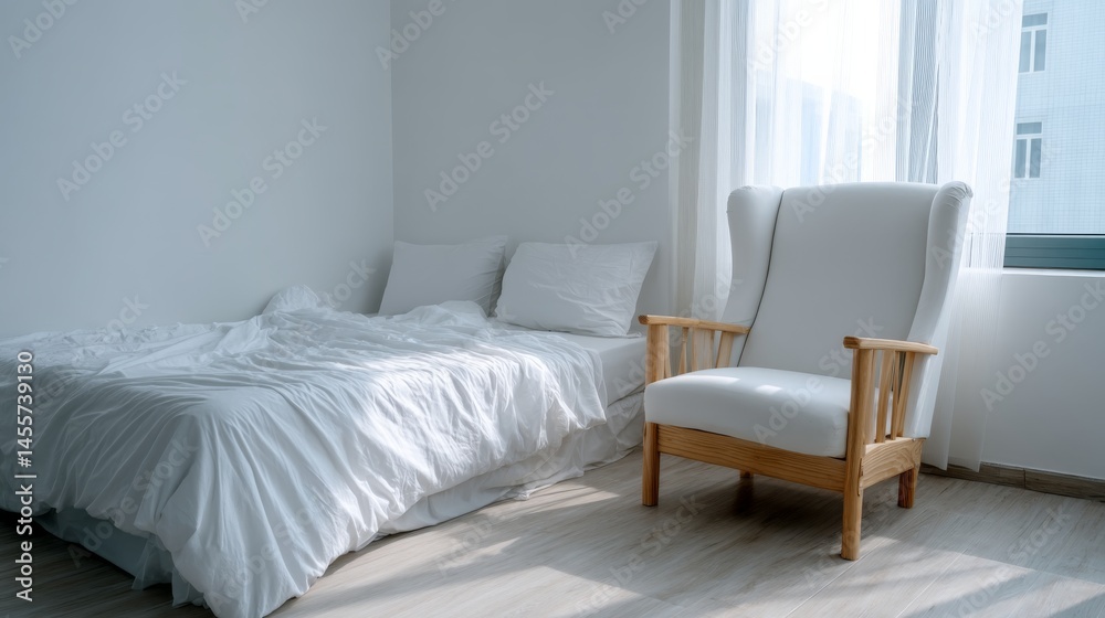 Aufkleber minimalist bedroom featuring rumpled white bedding and a simple armchair bathed in natural light, cr