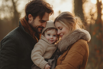 Obraz premium Man and woman tenderly holding a baby together, standing in a sunlit park, surrounded by colorful flowers and lush greenery.