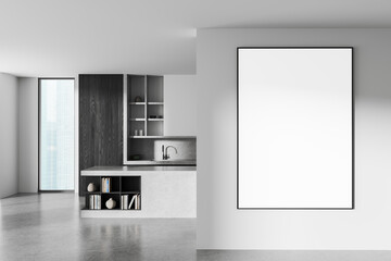 Modern kitchen interior with large blank poster mockup on clean white wall for advertising or art display. 3D Rendering. 3D Rendering
