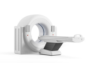 Modern medical CT scanner machine on white background, realistic hospital diagnostic imaging equipment, detailed 3D Rendering, isolated and clean design. 3D Rendering