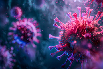 Microscopic view, bacteria, microflora or virus cells in a scientific laboratory. Round purple virus with antennae similar to a coronavirus, blue background. Concept of virology, medicine.