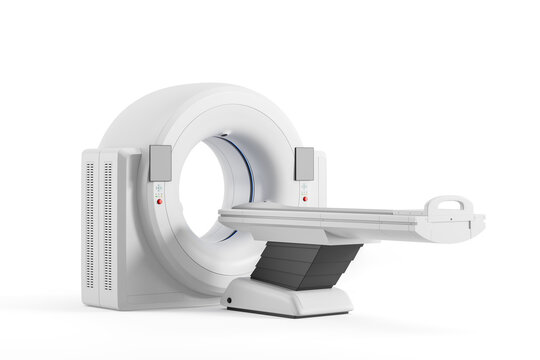 Modern medical CT scanner machine on white background, realistic hospital diagnostic imaging equipment, detailed 3D Rendering, isolated and clean design. 3D Rendering