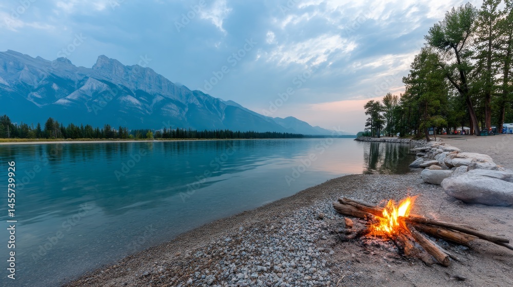Poster a serene mountain landscape features a calm lake reflecting soft twilight colors, complemented by a 