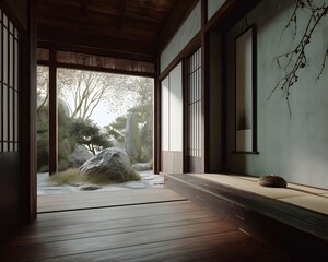 Serene Japanese Zen Garden Interior An Oasis of Calm Featuring Natural Light Stone Accents and Minimalist Elegance Blending Interior and Exterior Spaces Seamlessly
