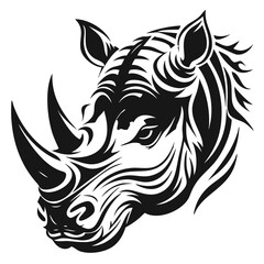 Black Rhino Silhouette Vector Illustration - Powerful Animal, Wildlife Art, Rhino Head,A powerful black silhouette of a rhinoceros head, showcasing the strength and majesty of this wildlife animal