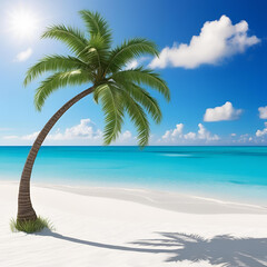 Tropical Beach with Palm Tree and Clear Blue Waters | Crystal-clear turquoise sea and white sandy beach with a leaning palm tree under a sunny blue sky. Perfect for travel, summer, or tropical.