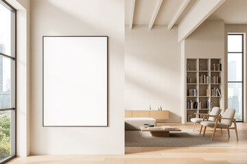 Minimalist interior with large blank poster on clean wall and cozy modern furniture in bright living room concept template mockup layout design sample. 3D Rendering